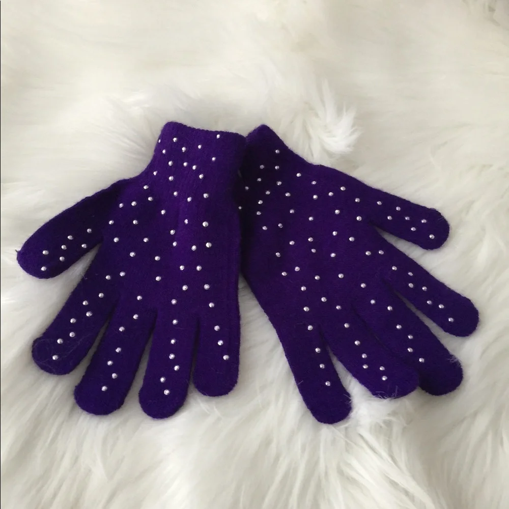 2/$12 Girls Purple Rhinestone Knit Mittens | Kids Winter Gloves